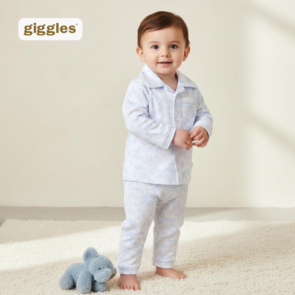 Giggles Cotton Collared Long Sleeves Pyjama Set with Print 