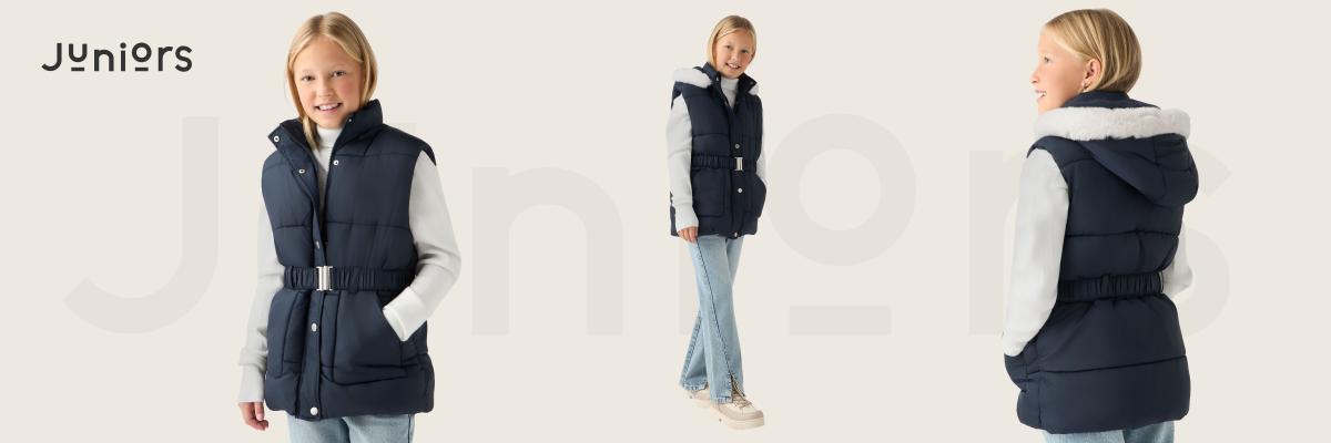 Juniors belted padded gilet with hood and zip closure