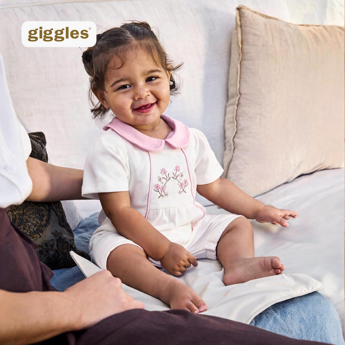 Giggles Peter Pan Collar Short Sleeves Romper with Floral Embroidery