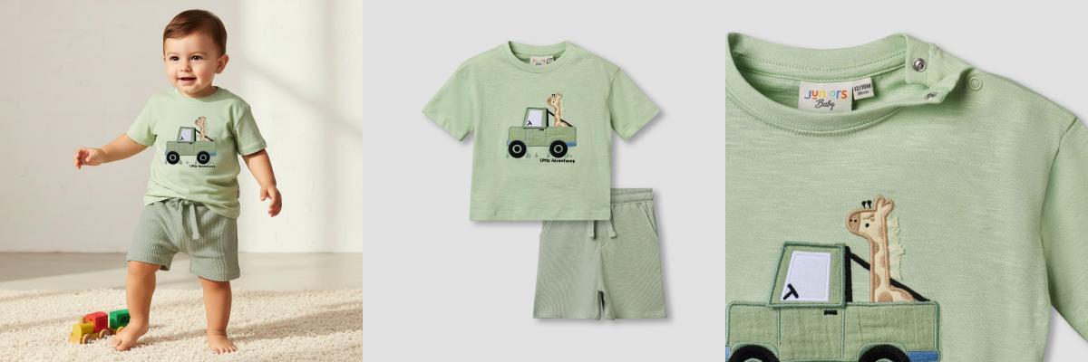 Juniors Crew Neck Short Sleeves T-shirt and Shorts Set with Safari Embroidery