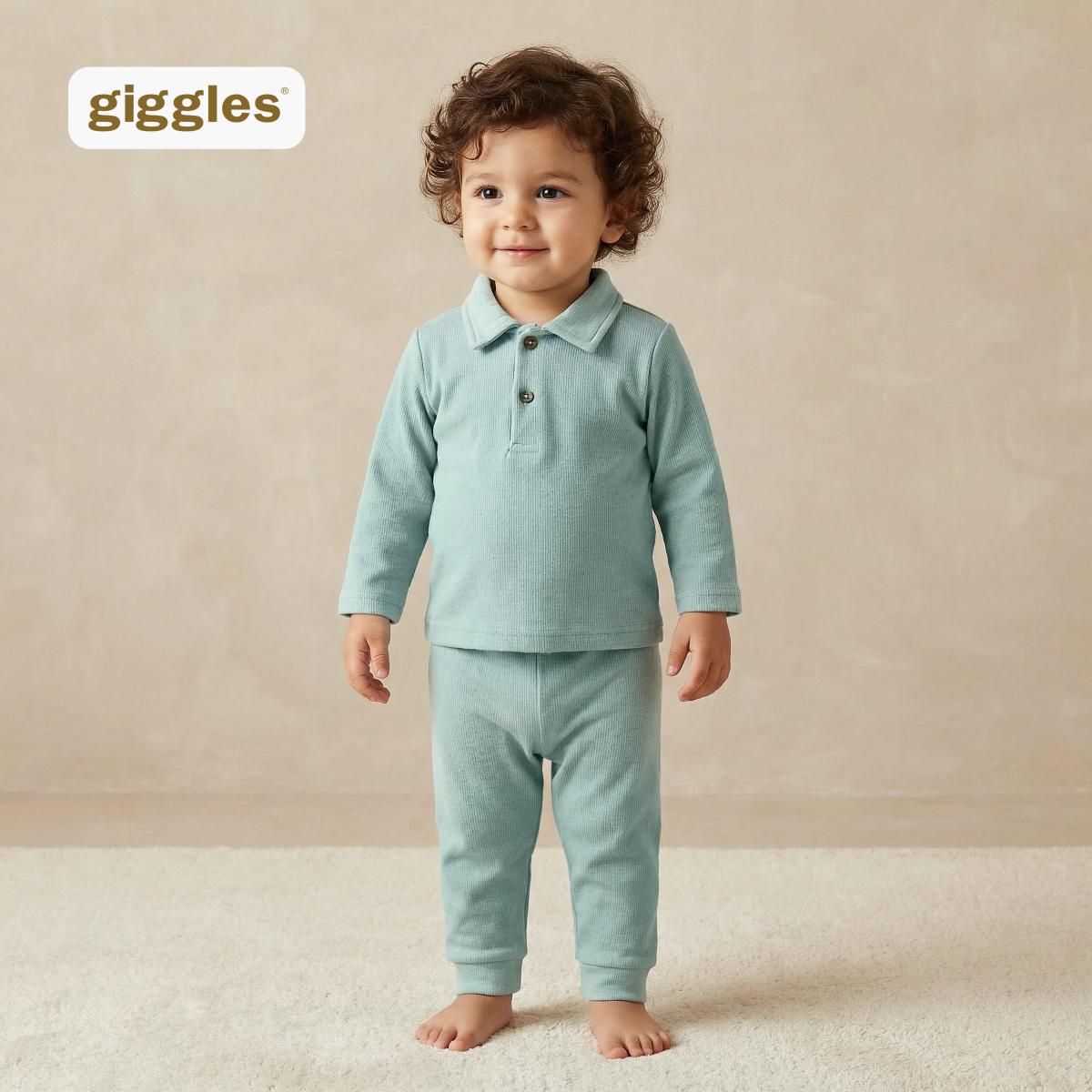Giggles Collared Long Sleeves Pyjama Set with Ribbed Texture