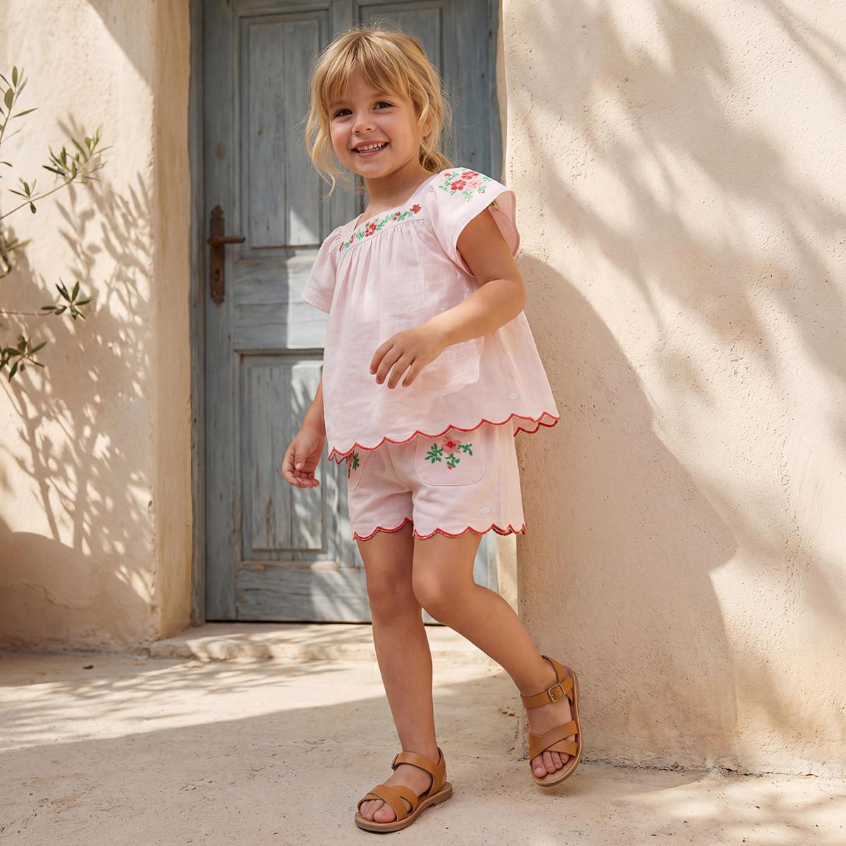 Square Neck Short Sleeves Top and Shorts Set with Floral Embroidery