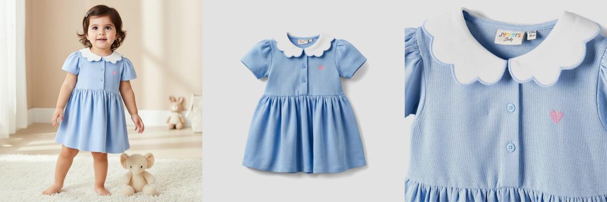 Juniors Scallop Collar Short Sleeves A-line Dress with Heart Embroidery