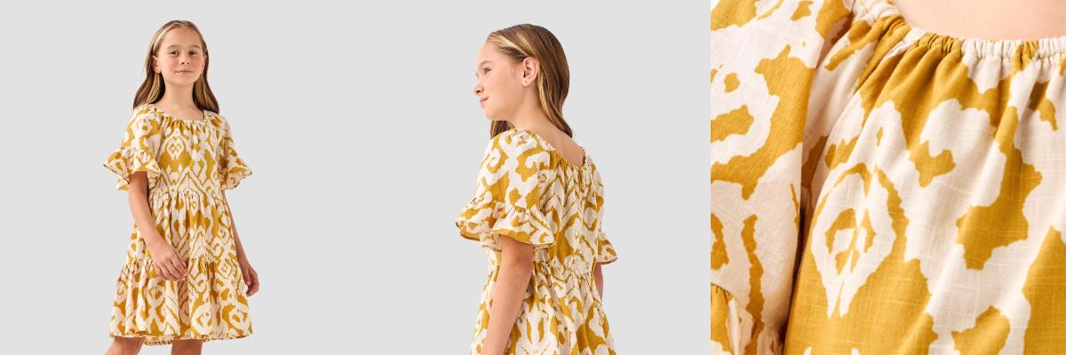 Juniors round neck short ruffle sleeves midi A-line dress with ikat